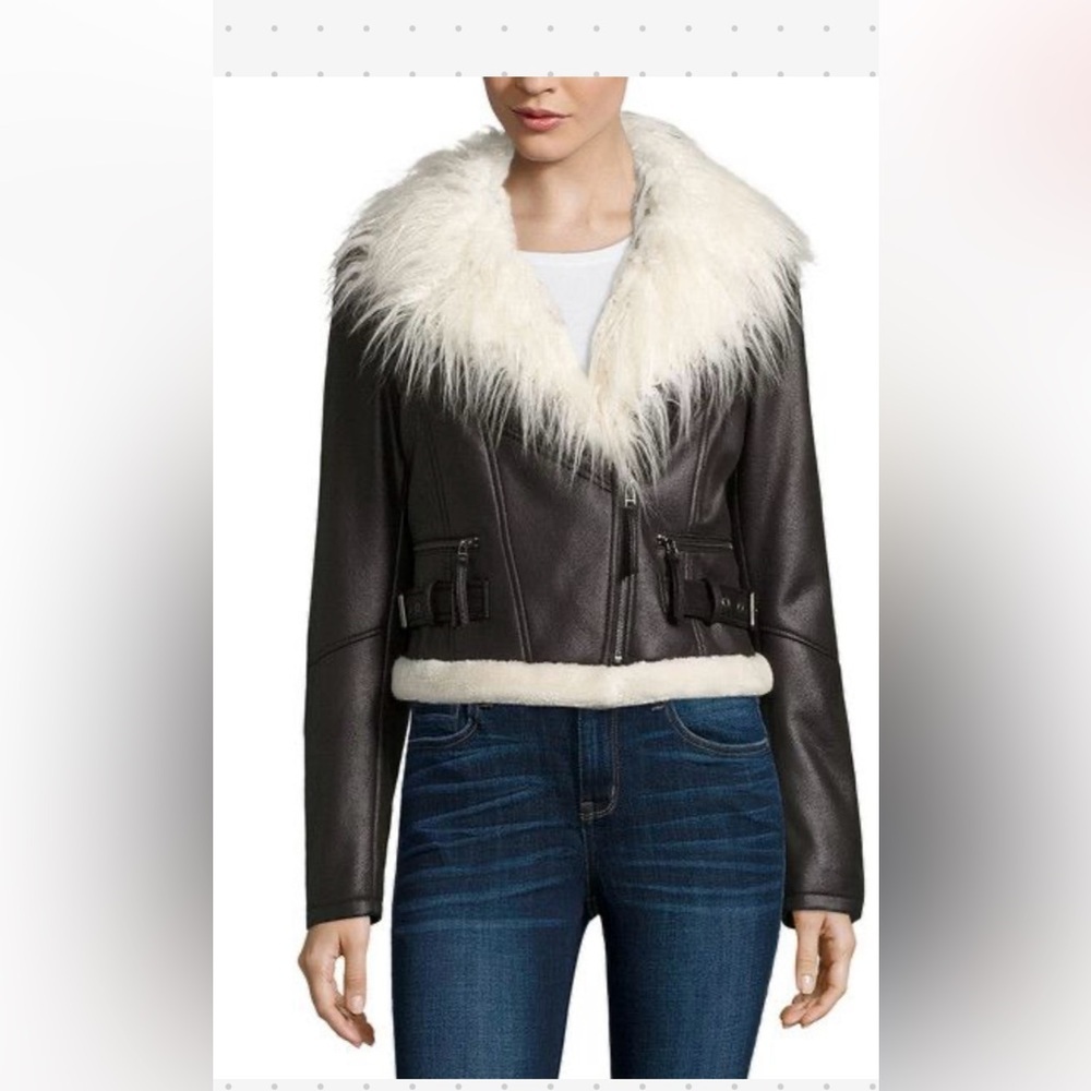ana blackfaux leather motorcycle jacket with faux fur collar trim